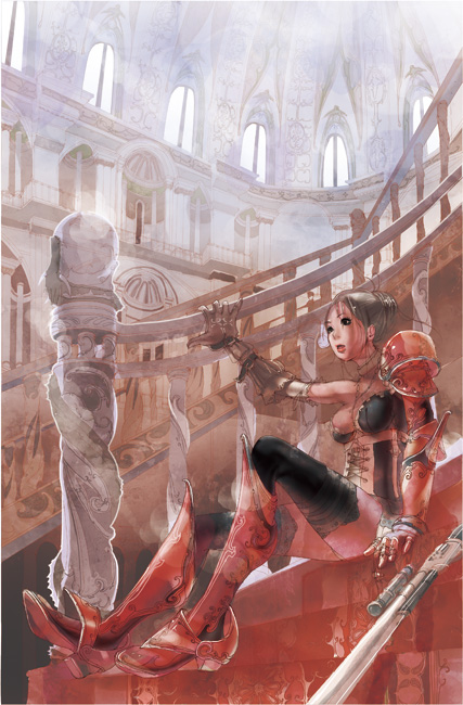 宮殿の中の階段に座る女戦士の絵