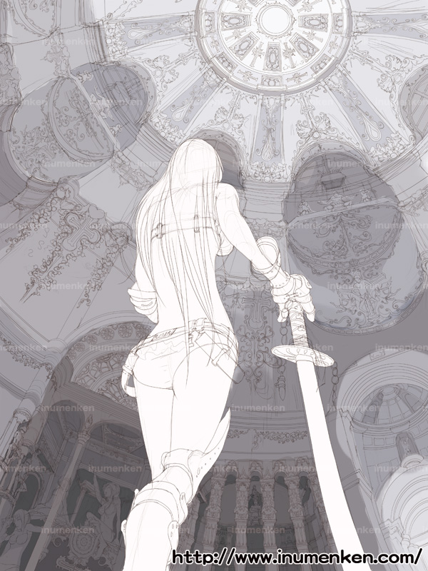 宮殿の中の女戦士の線画_(あおり構図)